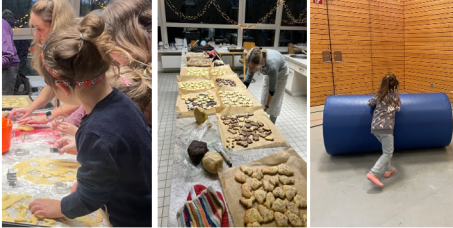 Kollage aus 3 Bildern. Frau und Kind stechen Pl&auml;tzchen aus. Blick durch die K&uuml;che mit ganz vielen Pl&auml;tzchen. M&auml;dchen von Hinten rollt eine gro&szlig;e blaue Rolle durch die Halle