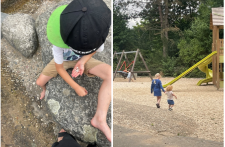 2 Bilder: Junge, das Gesicht von schwarzer Cappie verdeckt, sitzt am Bachlauf und sammelt Steine. Geschwister halten H&auml;nde auf dem Spielplatz
