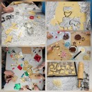 Kollage aus 4 Fotos mit Plätzchen, Bastelpapier und Streuseln