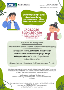 Screenshot der Einladung mit gr&uuml;ner Schrift und zwei Kindern, die sich die Hand ans Ohr halten