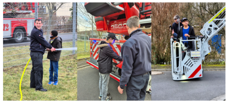 3 Fotos der Feuerwehr Schüler im Korb. Schüler am Wasser spritzen