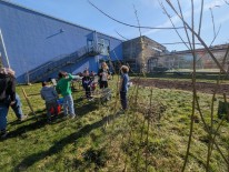 Schülergruppe von Hinten steht um ein Beet