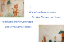 Text w&uuml;nschen sch&ouml;ne Ostern. 2 Kinderzeichnungen mit Osterhasen